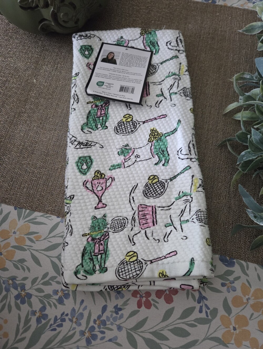 Green & Pink Tennis Dog Print Pet Kitchen Towel, Set Of 2